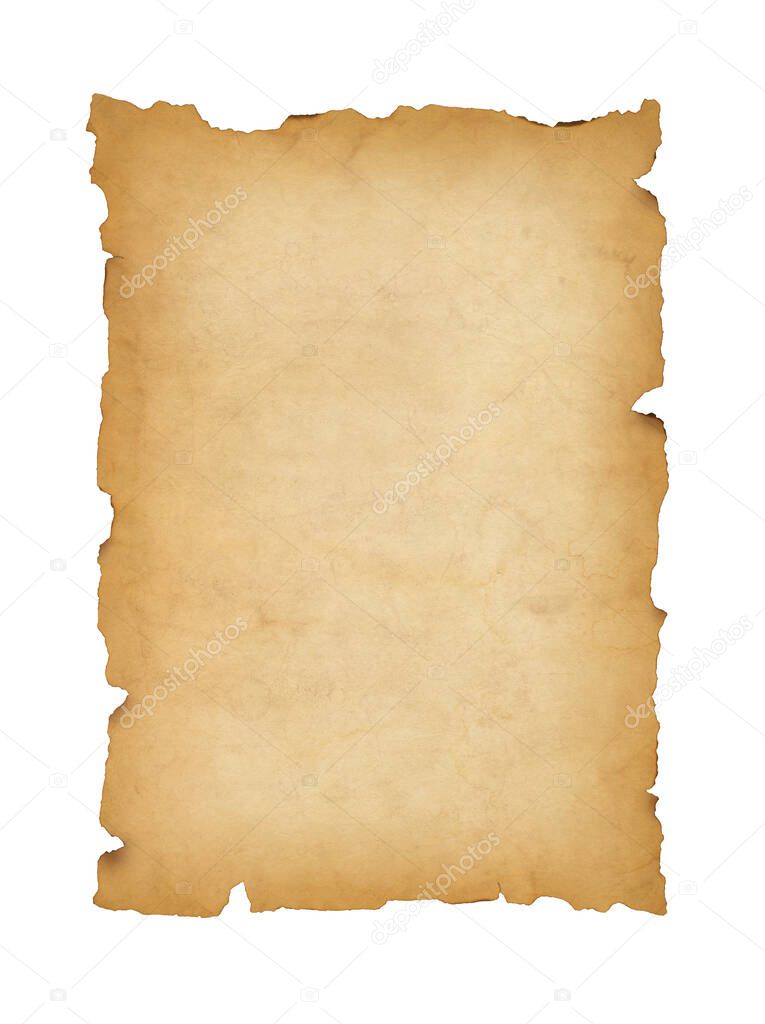 Old mediaeval paper sheet. Parchment scroll isolated on white background