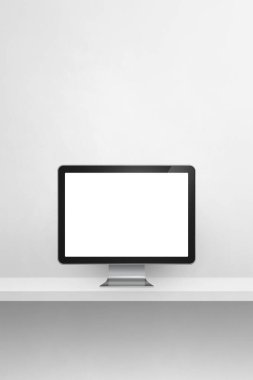 Bilgisayar bilgisayarı - beyaz beton duvar rafı. Dikey arkaplan. 3B Görüntü