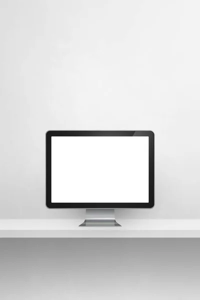 コンピュータPc 白いコンクリートの壁の棚 縦の背景 3Dイラスト — ストック写真