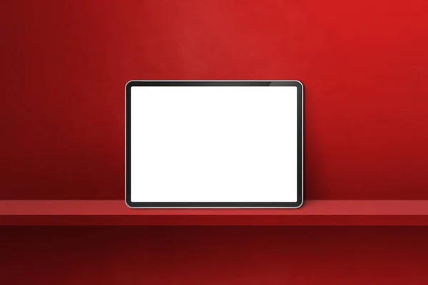 赤い壁の棚の上のデジタルタブレットPc 水平の背景バナー 3Dイラスト — ストック写真