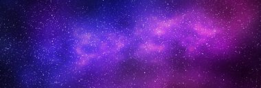 Gece yıldızlı gökyüzü ve parlak mor mavi galaksi, yatay arkaplan pankartı. Samanyolu ve evrenin 3D çizimi
