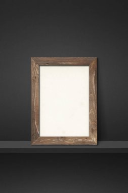 Siyah bir rafa yaslanmış ahşap çerçeve. 3 boyutlu illüstrasyon. Boş model şablonu. Dikey arkaplan