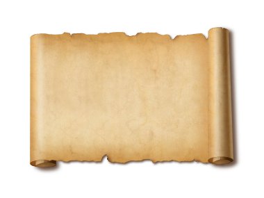 Eski ortaçağ kâğıtları. Yatay parşömen parşömeni, gölgeli beyaz arkaplanda izole edildi
