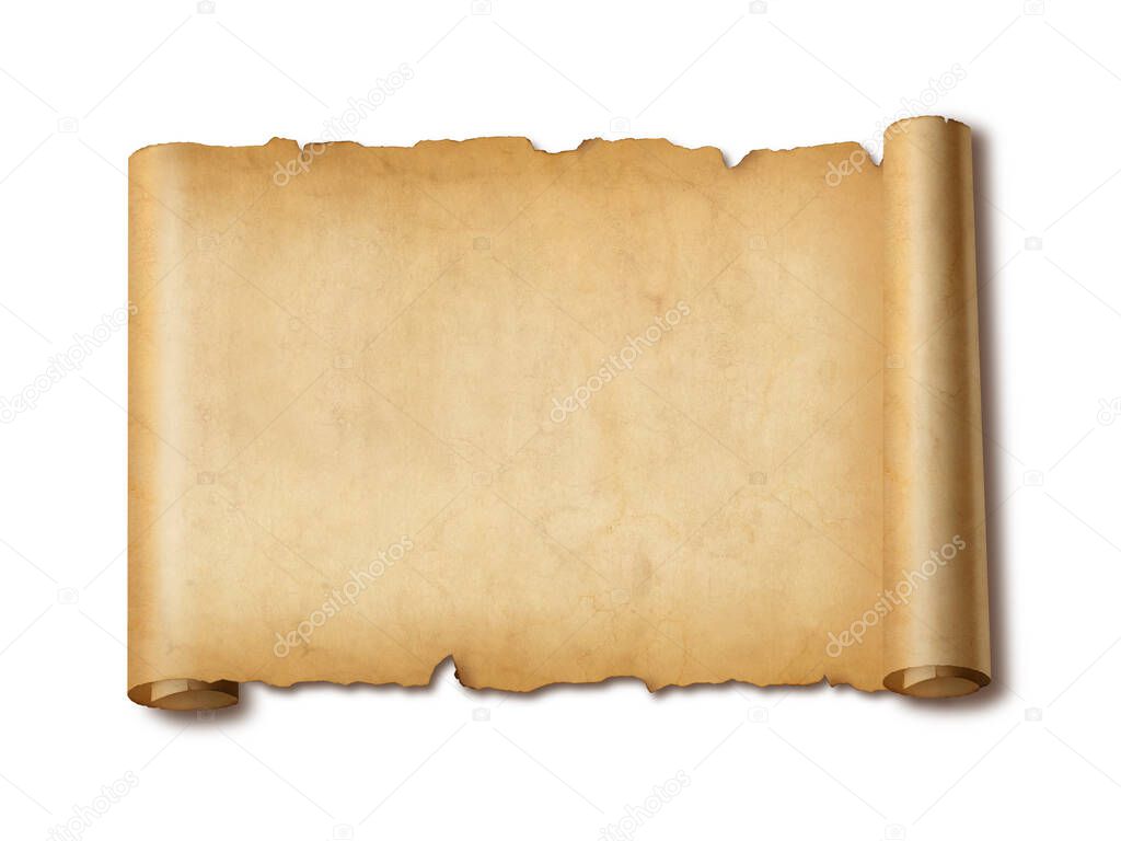 Old mediaeval paper sheet. Horizontal parchment scroll isolated on white background with shadow
