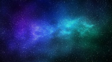 Gece yıldızlı gökyüzü ve parlak mavi yeşil galaksi, yatay arkaplan. Samanyolu ve evrenin 3D çizimi