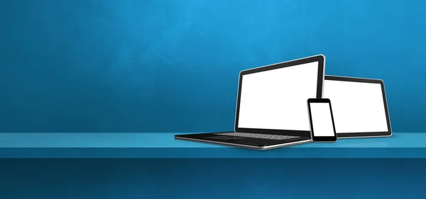 Laptop Cep Telefonu Dijital Tablet Bilgisayar Mavi Duvar Rafında Afiş — Stok fotoğraf