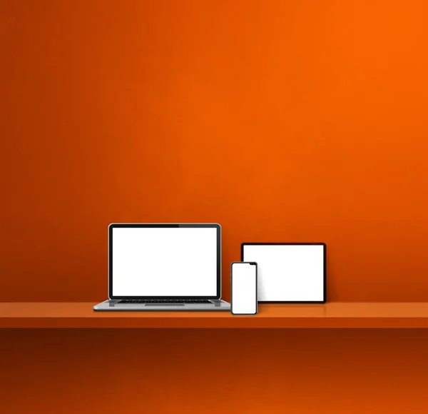 オレンジ色の壁の棚のラップトップ 携帯電話 デジタルタブレットPc 正方形の背景 3Dイラスト — ストック写真