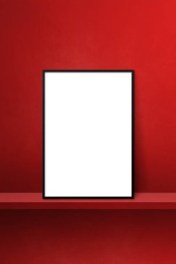 Siyah çerçeveli, kırmızı bir rafa yaslanmış. 3 boyutlu illüstrasyon. Boş model şablonu. Dikey arkaplan