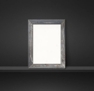 Siyah bir rafa yaslanmış ahşap çerçeve. 3 boyutlu illüstrasyon. Boş model şablonu. Kare arkaplan