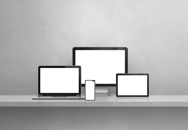 Υπολογιστής Laptop Κινητό Τηλέφωνο Και Digital Tablet Grey Wall Shelf — Φωτογραφία Αρχείου