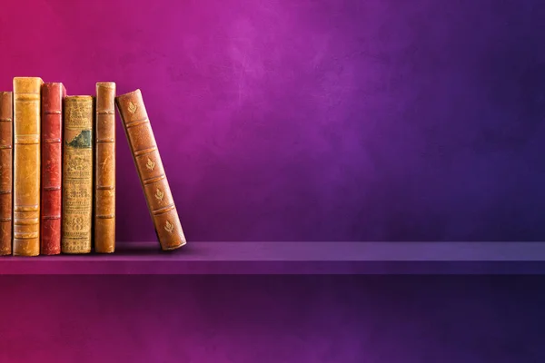 Reihe Alter Bücher Violetten Regal Horizontale Hintergrundszene — Stockfoto