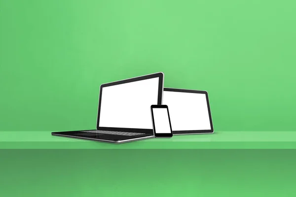 Laptop Telefon Komórkowy Tablet Cyfrowy Zielonej Półce Ściennej Poziome Tło — Zdjęcie stockowe