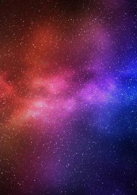 Gece yıldızlı gökyüzü ve parlak mavi kırmızı galaksi, dikey arkaplan. Samanyolu ve evrenin 3D çizimi