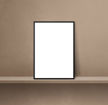 Kahverengi bir rafa yaslanmış siyah resim çerçevesi. 3 boyutlu illüstrasyon. Boş model şablonu. Kare arkaplan