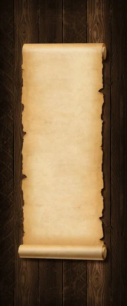 Старое Бумажное Вертикальное Знамя Пергаментный Свиток Изолирован Фоне Деревянной Доски — стоковое фото