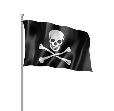 Korsan bayrağı, Jolly Roger, üç boyutlu render, üzerinde beyaz izole