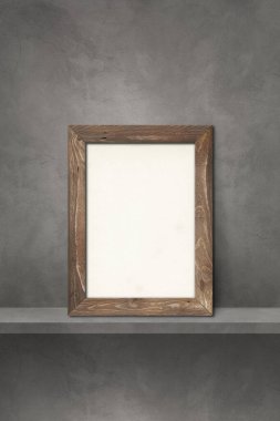 Gri bir rafa yaslanmış ahşap resim çerçevesi. 3 boyutlu illüstrasyon. Boş model şablonu. Dikey arkaplan
