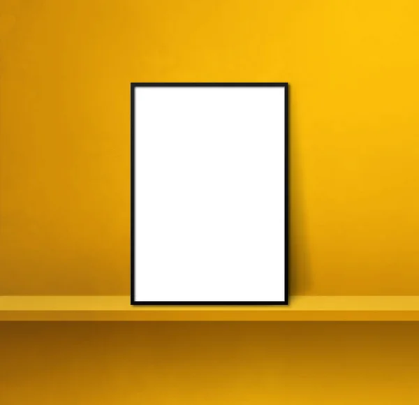 黒い画像フレームは黄色の棚にもたれています 3Dイラスト ブランクモックアップテンプレート 四角形の背景 — ストック写真