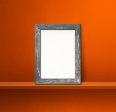 Turuncu rafa yaslanmış ahşap çerçeve. 3 boyutlu illüstrasyon. Boş model şablonu. Kare arkaplan