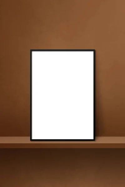 黑色的画框靠在棕色的架子上 3D例证 空白的模型模板 纵向背景 — 图库照片