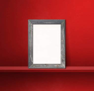 Ahşap çerçeve kırmızı bir rafa yaslanıyor. 3 boyutlu illüstrasyon. Boş model şablonu. Kare arkaplan