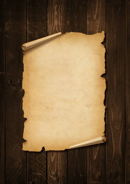 Old Mediaeval Paper Sheet Parchment Scroll Isolated Wood Board Background — Φωτογραφία Αρχείου