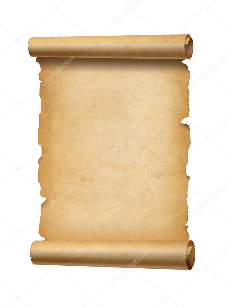 Old mediaeval paper sheet. Parchment scroll isolated on white background