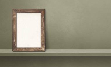 Ahşap çerçeve yeşil bir rafa yaslanıyor. 3 boyutlu illüstrasyon. Boş model şablonu. Yatay Pankart