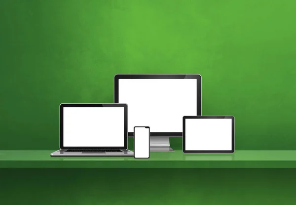 笔记本电脑 手机和数码平板电脑 绿色墙架横幅 3D说明 — 图库照片