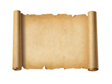 Eski ortaçağ kâğıtları. Yatay parşömen parşömeni beyaz arkaplanda izole edildi