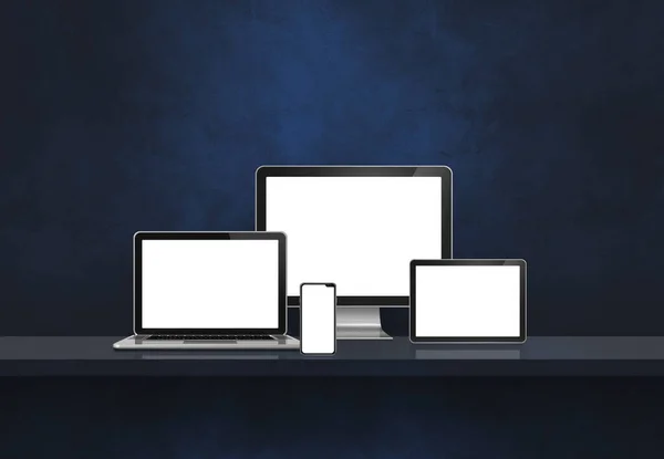 Computer Laptop Handy Und Digitaler Tablet Banner Schwarzen Wandregal Illustration — Stockfoto