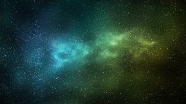 Gece yıldızlı gökyüzü ve parlak sarı yeşil galaksi, yatay arkaplan. Samanyolu ve evrenin 3D çizimi
