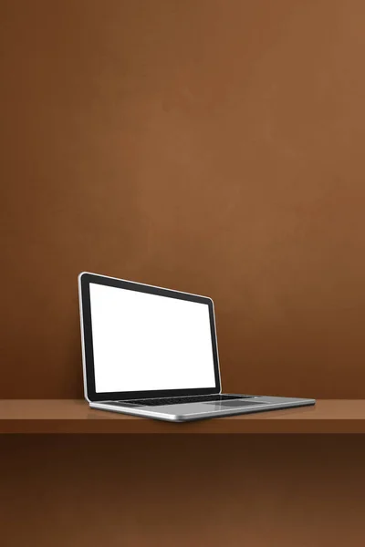 棕色架子上的笔记本电脑 垂直背景 3D说明 — 图库照片