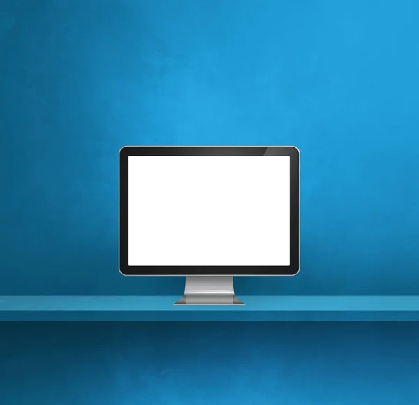 Bilgisayar Bilgisayarı Mavi Duvar Raf Arkaplanı Görüntü — Stok fotoğraf