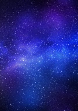 Gece yıldızlı gökyüzü ve parlak mavi galaksi, dikey arkaplan. Samanyolu ve evrenin 3D çizimi