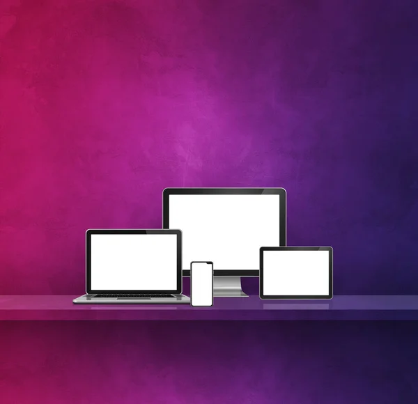 Υπολογιστής Laptop Κινητό Τηλέφωνο Και Ψηφιακό Tablet Purple Τοίχο Ράφι — Φωτογραφία Αρχείου