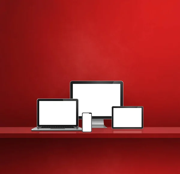 Computador Laptop Telefone Celular Tablet Digital Fundo Prateleira Parede Vermelha — Fotografia de Stock