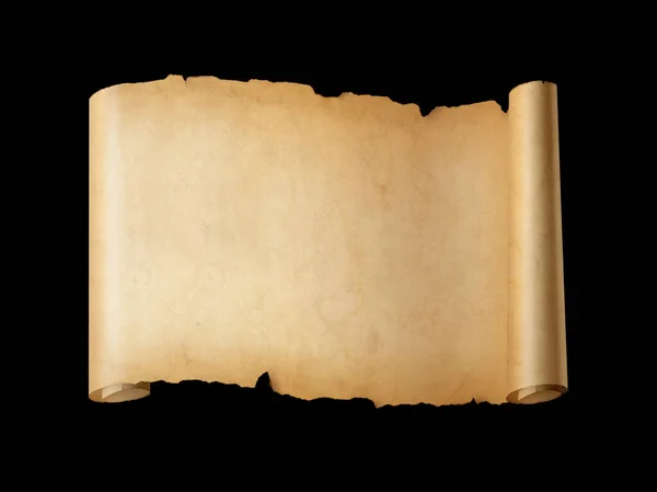 Παλιό Φύλλο Μεσαιωνικού Χαρτιού Οριζόντια Περγαμηνή Απομονωμένη Μαύρο Φόντο — Φωτογραφία Αρχείου