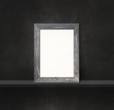 Siyah bir rafa yaslanmış ahşap çerçeve. 3 boyutlu illüstrasyon. Boş model şablonu. Kare arkaplan