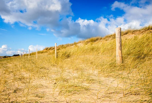 Zand Duin Omheining Een Strand Island Frankrijk Blauwe Lucht Achtergrond — Stockfoto