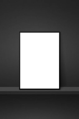 Resim çerçevesi siyah bir rafa yaslanıyor. 3 boyutlu illüstrasyon. Boş model şablonu. Dikey arkaplan