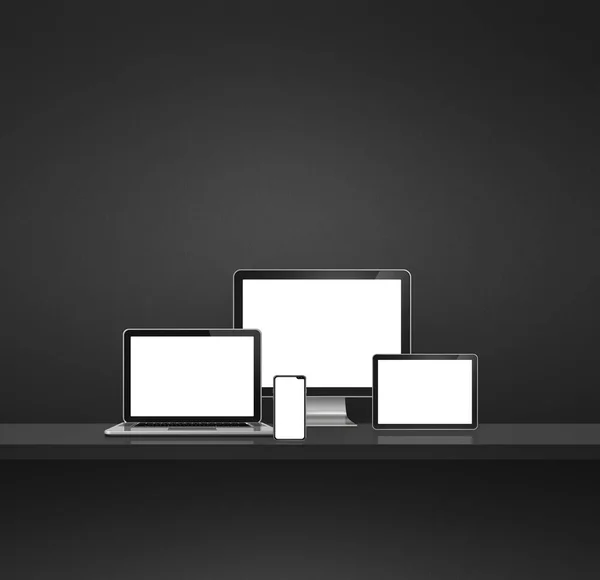 Computer Laptop Mobile Phone Digital Tablet Black Wall Shelf Background — Stock Photo, Image