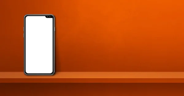 橙色壁架上的手机 横向背景横幅 3D说明 — 图库照片