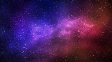 Gece yıldızlı gökyüzü ve parlak mavi kırmızı galaksi, yatay arkaplan. Samanyolu ve evrenin 3D çizimi