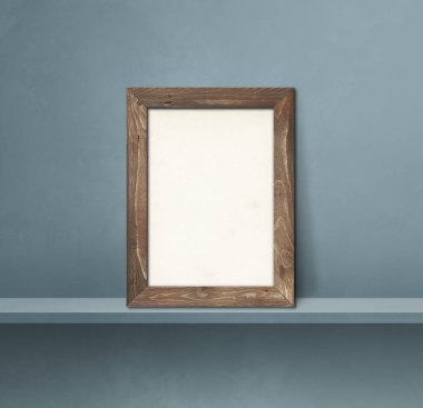 Gri bir rafa yaslanmış ahşap resim çerçevesi. 3 boyutlu illüstrasyon. Boş model şablonu. Kare arkaplan