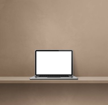 Laptop bilgisayarı kahverengi rafta. Kare arka plan. 3B Görüntü