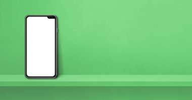 Yeşil duvar rafında cep telefonu var. Yatay arkaplan pankartı. 3B Görüntü