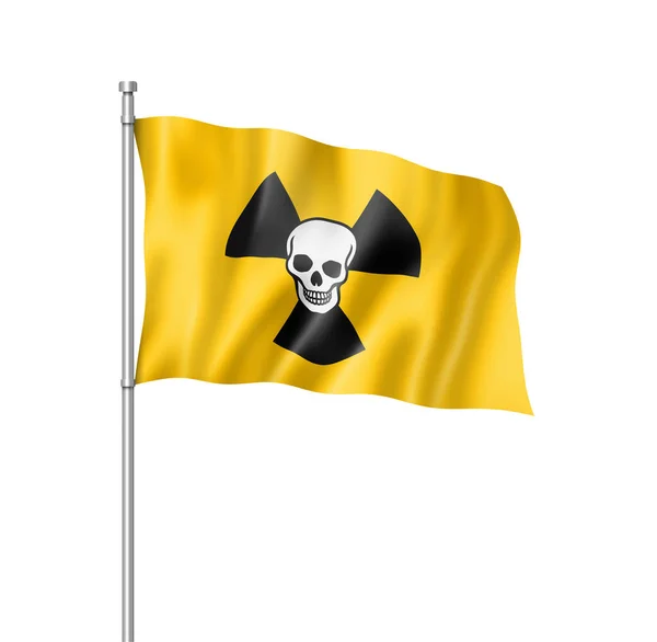 Radioaktivní Jaderný Symbol Smrti Vlajka Tří Dimenzionální Vykreslování Izolované Bílém — Stock fotografie