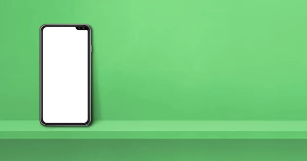 Yeşil Duvar Rafında Cep Telefonu Var Yatay Arkaplan Pankartı Görüntü — Stok fotoğraf