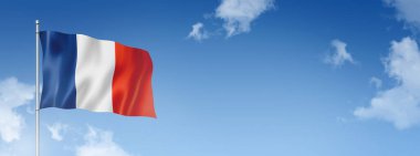 Fransa bayrağı, üç boyutlu, mavi gökyüzünde izole edilmiş. Yatay pankart. 3B illüstrasyon